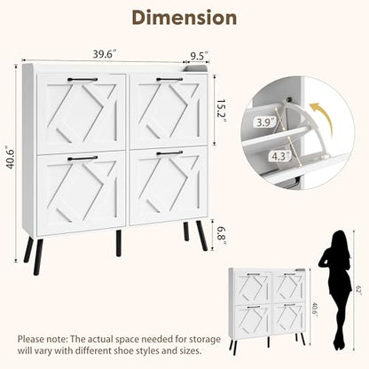 Shoe Cabinet with 4 Flip Drawers, Freestanding Shoe Organizer Cabinet with Metal Legs, Farmhouse Slim Shoe Rack Cabinet for Entryway, Foyer, Hallway, White - color: Pure White