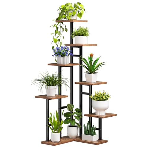 HOOBRO Corner Plant Stand Indoor, 7-Tier Plant Shelf for Multiple Indoor Plants, Corner Plant Rack Organizer, Square Flower Stand, for Living Room, Balcony, Patio, Rustic Brown and Black BF01HJ01