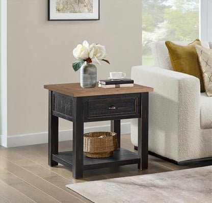 Monterey Farmhouse Rustic End Table, Solid Pine Wood Coastal Side Table with Drawer and Shelf. Black and Driftwood. | Farmhouse Rustic, Coastal Side Table, Drawer and Storage Shelf - color: Black and Driftwood