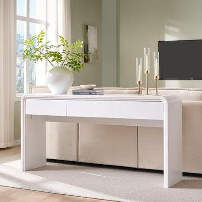 Aitjunz 63'' Console Table with 3 Drawers, Modern Entryway Table with Curved Profile Design, Narrow Long Wood Sofa Table Behind Couch Table for Living Room, Hallway, Foyer, White - color: White