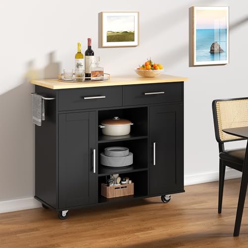 Shintenchi Kitchen Storage Island Cart with 3 Open Shelves, 2 Drawers and 2 Cabinets, Kitchen Cart on Wheels with Handle/Towel Rack, Black - color: Yellow