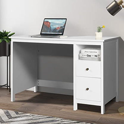 Vikiullf White Desk with Drawers, 47” Modern Home Office Study Computer Writing Desk with Storage Cabinet & Open Shelf, Simple Vanity Table for Bedroom