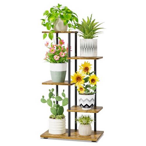 iDavosic.ly 4 Tier Plant Stand Indoor, Tiered Corner Metal Wood Multiple Flower Holder Shelf, 34 Inch Tall Orchid Display Rack for Patio Porch Living Room Balcony Outdoor, Modern Black & Rustic Brown - color: Rustic Brown, size: 4 Tier