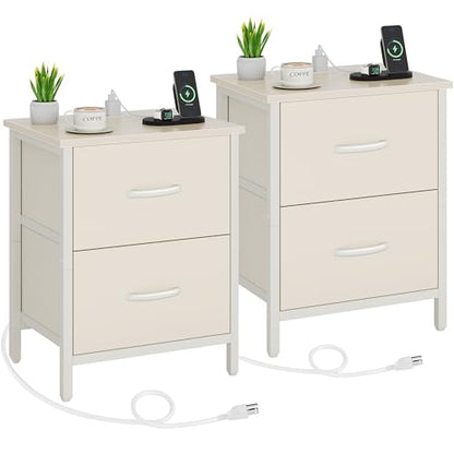 Vagusicc Nightstand Set of 2 with Charging Station, End Table Bedside Table with Power Outlet & USB Ports, Side Table with 2 Fabric Drawers for Bedroom, Living Room, Beige - color: Beige (2 Pack)