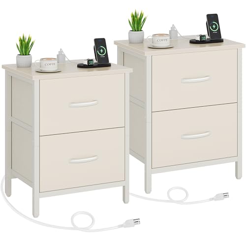 Vagusicc Nightstand Set of 2 with Charging Station, End Table Bedside Table with Power Outlet & USB Ports, Side Table with 2 Fabric Drawers for Bedroom, Living Room, Beige - color: Beige (2 Pack)