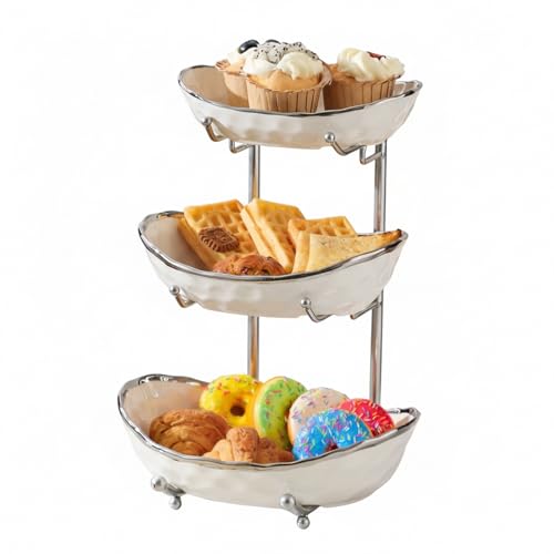 YYW 3 Tier Fruit Bowl for Kitchen Counter, White Gold Silver Ceramic Fruit Stand for Countertop, Home Fruit Rack with Metal Holder, Vegetable Snacks Nuts Bread Candy Storage (White (Silver Holder）) - color: White (Silver Holder）