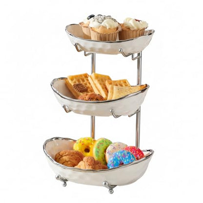 YYW 3 Tier Fruit Bowl for Kitchen Counter, White Gold Silver Ceramic Fruit Stand for Countertop, Home Fruit Rack with Metal Holder, Vegetable Snacks Nuts Bread Candy Storage (White (Silver Holder）) - color: White (Silver Holder）