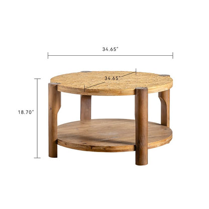34.65'' Round Coffee Table 2-Tier for Living Room, Modern Mid-Century Circle Carved Handcrafted Solid Wood Coffee Table, Easy Assembly, Natural - color: Ø34.65''-natural Wood