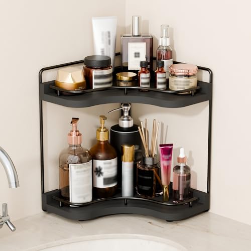 2-Tier Corner Bathroom Counter Organizers, Stable Wood Vanity Shelf for Perfume, Skincare & Makeup, Larger Size Countertop Organizer and Storage for Bathroom, Kitchen and Dresser(Black) - color: Black