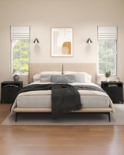 Farmhouse Nightstand, Rustic Nightstand with 2 Large Drawers, Wood End Table with Open Shelf, Bedside Table for Bedroom, Black - color: Black, size: 1 Piece