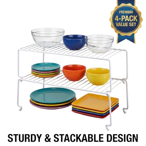 4-Pack Kitchen Cabinet Shelf Riser - Stackable Cupboard Organizer & Wire Rack for Pantry, Spice Organization, Desk & Bathroom, Rustproof Metal Closet Shelves, White (15.7" L x 8.5" W) - size: Large Stackable, style: 4-PACK
