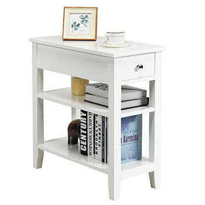 Giantex Narrow End Table Set of 2, Small Side Table with Drawer and Shelf, Wood Accent Sofa Table, Skinny Nightstand for Small Space Living Room Bedroom, White - color: White