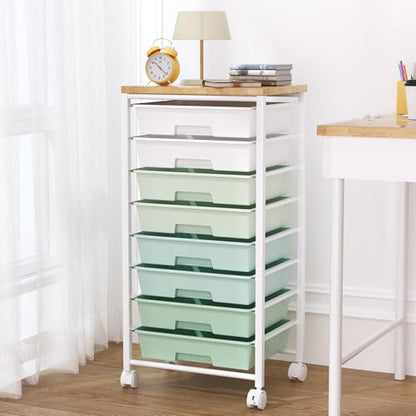 Rolling Cart with 8 Drawers, Storage Drawers Cart with Wooden Tabletop and Lockable Wheels, Craft Storage for Living Room, Office, Classroom, Craft Room, Bedroom - color: Green