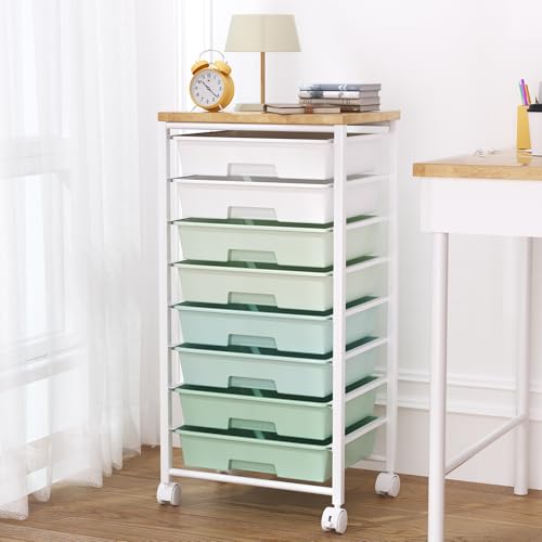 Rolling Cart with 8 Drawers, Storage Drawers Cart with Wooden Tabletop and Lockable Wheels, Craft Storage for Living Room, Office, Classroom, Craft Room, Bedroom - color: Green