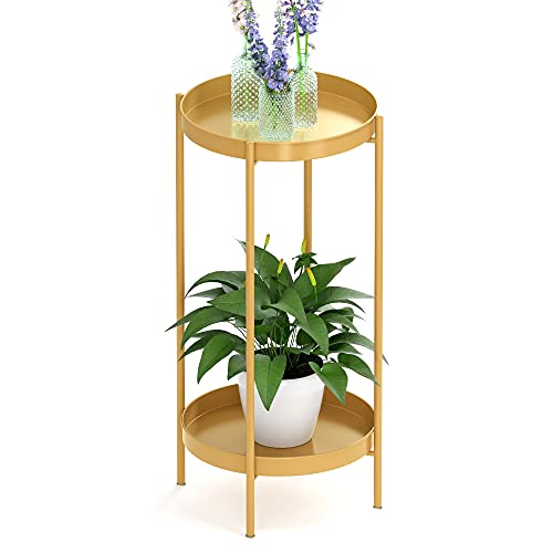 OVICAR Plant Stand Indoor Outdoor - Flower Pot Holder Metal Plant Rack Organizer, 2 Tiers Tall Plant Display Storage Shelf Table For Home Garden Patio Bathroom Office Living Room Balcony Corner (gold) - color: Gold