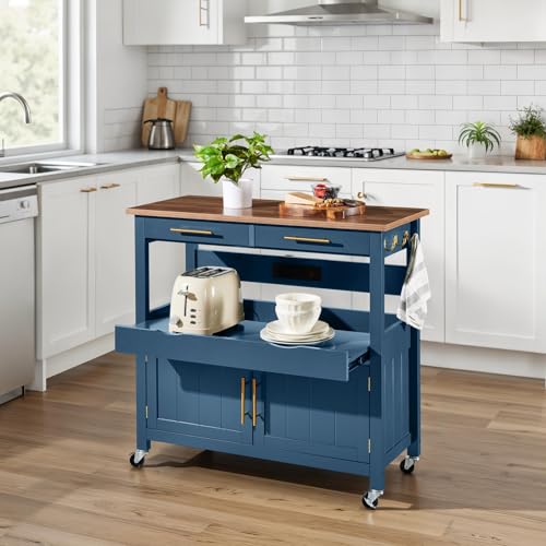 Best Choice Products 36in Large Rolling Kitchen Island Cart, 2-Door Cabinet, 2 Drawers, Pull-Out Shelf, Power Outlet, Hooks, & Swivel Lockable Wheels - Slate Blue - style: Slate Blue