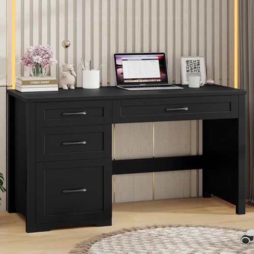 Halitaa Farmhouse 47" Executive Desk with File Drawer, Wood Computer Desk with 3 Storage Drawers, Workstation for Home Office, Study, Writing(Black) - color: Pure Black, size: without Charging Station