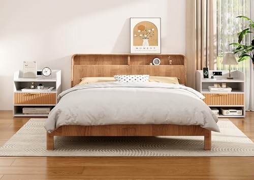ZIFTY Fluted Nightstand with Charging Station, White Bedside Table with Drawer and Storage Shelves Modern End Table Side Table for Bedroom Living Room, Night Stand Bedroom Furniture Apartment Decor
