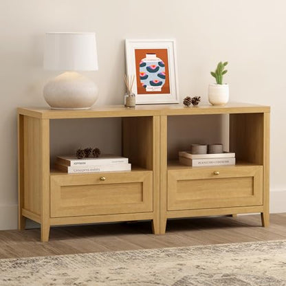 EYYTHUNG Wooden Nightstands Set of 2 with Drawer Modern 24" Wide End Table Night Stand Large Farmhouse Bedside Table with Open Shelf Mid Century Night Stands for Sofa, Natural Oak - color: Natural Oak, size: 2 PCS