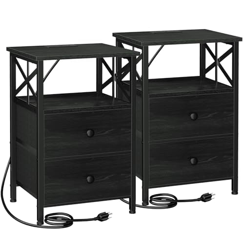 AMHANCIBLE Nightstands Set of 2, Large Night Stand with Charging Station | Bedside Table with 2 Fabric Drawers, End Side Tables Living Room, with Open Shelf, USB Ports Outlets, for Bedroom, Black - color: Black