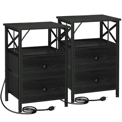 AMHANCIBLE Nightstands Set of 2, Large Night Stand with Charging Station | Bedside Table with 2 Fabric Drawers, End Side Tables Living Room, with Open Shelf, USB Ports Outlets, for Bedroom, Black - color: Black