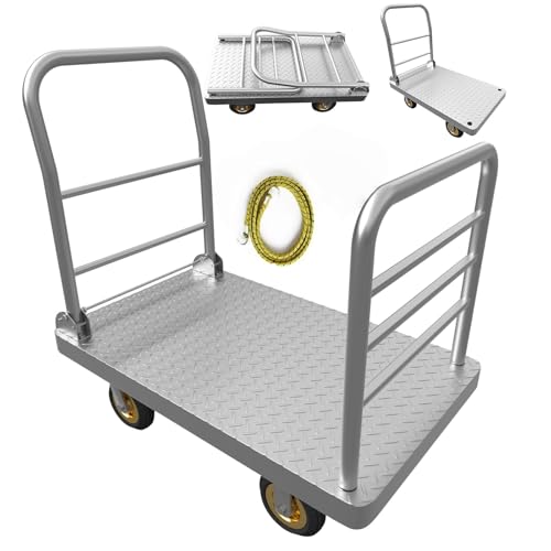 Lomive 2IN1 42"×25" Platform Truck Cart 2200lbs Heavy Duty Flatbed Cart Dolly w/Detachable Rear Guardrail and Swivel Casters, Push Cart, 1 Bunge Cord Included