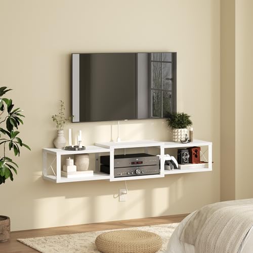 MAHANCRIS 43.7” Floating TV Stand with Power Outlet, Wall-Mounted Entertainment Center, Floating Metal Frame Media Console Shelf for Under TV Storage, for Living Room, Bedroom, White TVBW101E01 - color: White