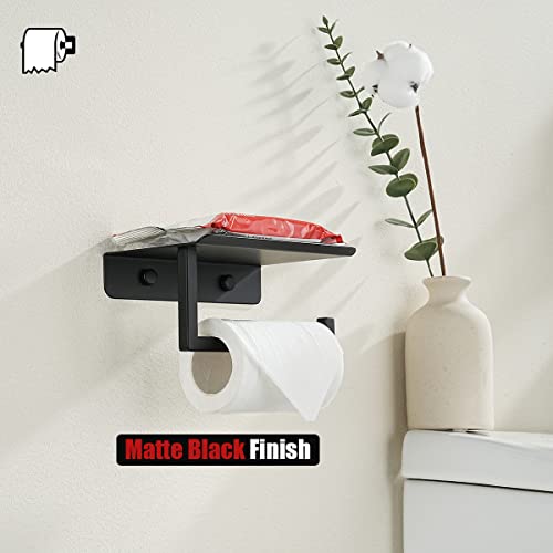 JQK Toilet Paper Holder Shelf, Bathroom Tissue Roll Holder with Phone Shelf, 5 Inch 304 Stainless Steel Tissue Paper Dispenser, Matte Black Wall Mount, TPH202-PB - color: Black