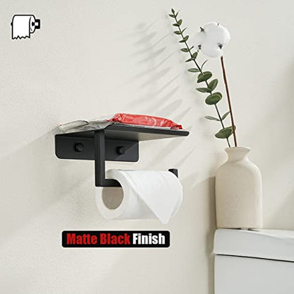 JQK Toilet Paper Holder Shelf, Bathroom Tissue Roll Holder with Phone Shelf, 5 Inch 304 Stainless Steel Tissue Paper Dispenser, Matte Black Wall Mount, TPH202-PB - color: Black