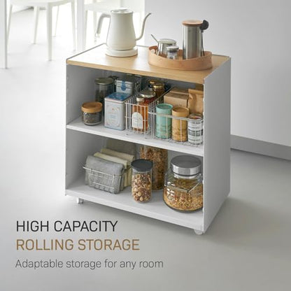 Yamazaki Home Tower Mobile Hideaway Storage Cart – Rolling Printer Stand with Adjustable Shelves, Hidden Storage, Rolling Cart with Wheels, Mobile Office Organizer, Utility Cart, 23" - Steel + Wood - - color: White