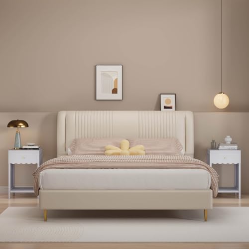26“ Modern White Nightstand with Drawer and Open Shelf, Scalloped Edge Bedside Table for Bedroom, Cute Minimalist Side Table for Girls' Room (Light Purple)