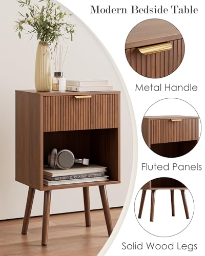Fluted Nightstand, Modern Bedside Table with Storage Drawer, Wood Night Stand Side End Table for Bedroom, Living Room, Office (Walnut) - color: Walnut