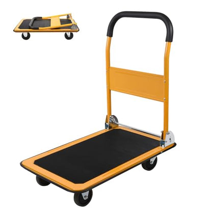 LEADALLWAY Foldable Push Cart Platform Truck 330lbs Capacity with 2 Ropes | 4 Wheels, 28.7"x18.5"x32.3", Small Flatbed Cart, Yellow, Protable - color: Yellow