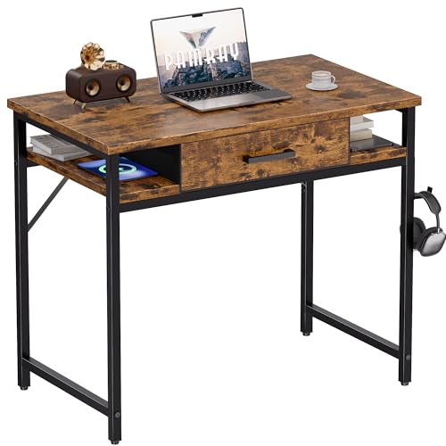 Pamray 32 Inch Small Computer Desk with Drawers for Bedroom Small Spaces | Compact, Sturdy, Easy Assembly, Mini, Suitable for Dorm and Apartment, Study and Writing - color: Vintage