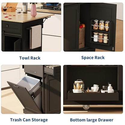 Garvee 54" Kitchen Island with Drop Leaf & Power Outlet, Black | Large Rolling Cart with Trash Cabinet, 2 Sliding Barn Doors, 3 Drawers Mobile Island Table with Spice Rack & Towel Rack - color: Black