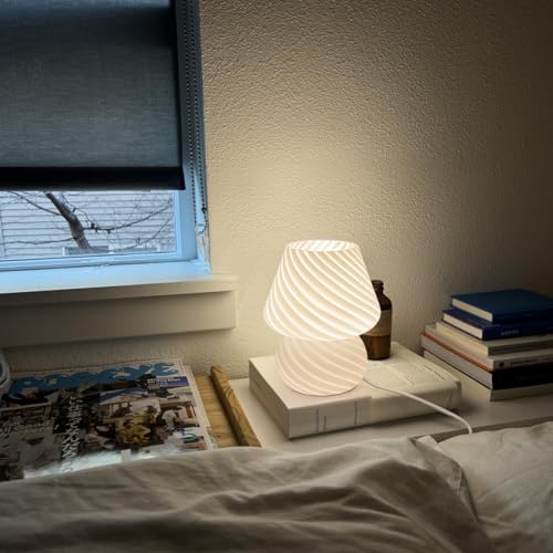 ONEWISH Mushroom Lamps Set of 2 - Small Bedside Table Lamp with Striped Glass, Nightstand Lamp for Bedroom, Living Room, Bulb Included(White) - color: Not-dimmable-‎white-2packs