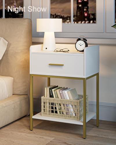 Nightstand,3-Tier Modern Night Stand,Bedside Table with Storage Drawer and Shelf,Small Side Table for Bedroom,Living Room,White - color: White