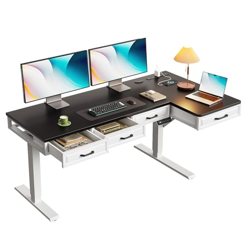 OffiGo L Shaped Electric Standing Desk with Wooden Drawers, 55 Inch Height Adjustable Corner Workstation with Power Outlets, Sit Stand Table for Home, Office, White+Black - color: White+black, size: 55 Inch