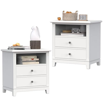 24" Wide Farmhouse Nightstand with Charging Station, Solid Wood End Table with 2 Large Drawers & Open Shelf, Bedside Table with USB Ports and Outlets, Side End Table for Bedroom - color: White