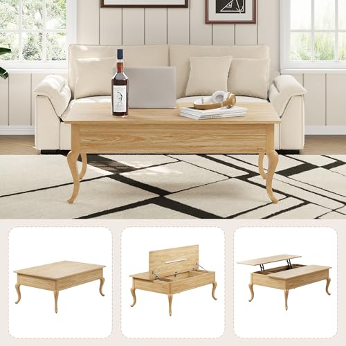 Lift Top Coffee Table, Farmhouse Coffee Table with Hidden Storage, Wood Center Table Dining Table for Living Room, Apartment, Home Office (Natural)