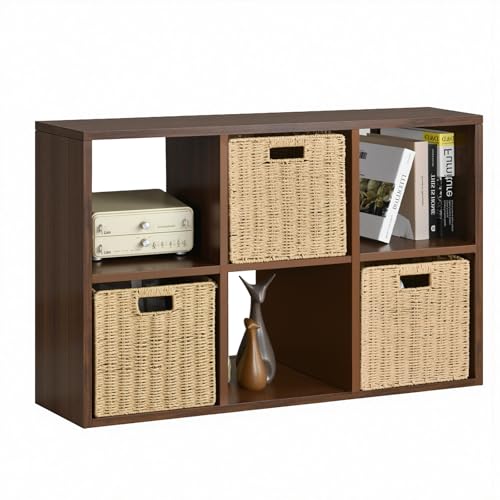 IRONMIX Metal 6 Cube Storage Organizer with Shelves, Modern Short Bookshelf with Storage, 2 Tier Horizontal Bookshelf Cube Shelf, Small TV Stand with Cabinet for Home Office Library(Dark Wooden, 1037) - color: Dark Wooden, size: 1037-6 Cube