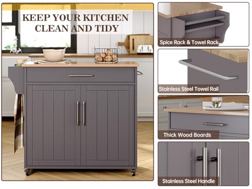 Kitchen Island, Island Table for Kitchen, Wooden Rolling Kitchen Island On Wheels with Countertop, Mobile Kitchen Island Cart with Towel Rack, Spice Rack and Drawers, Grey - color: Grey
