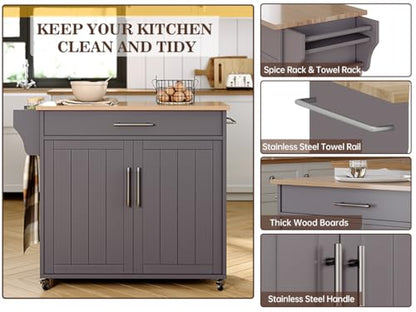 Kitchen Island, Island Table for Kitchen, Wooden Rolling Kitchen Island On Wheels with Countertop, Mobile Kitchen Island Cart with Towel Rack, Spice Rack and Drawers, Grey - color: Grey
