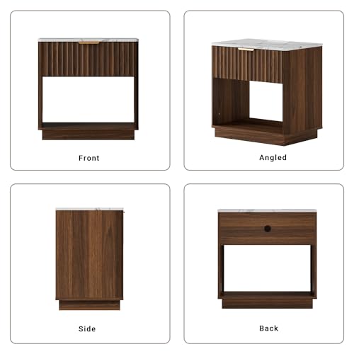 Fluted Nightstand, Night Stand Set 2, 23" Wide Walnut Nightstands Set of 2 with Charging Station & Faux Marble Top, Large Modern End Table with Drawer, Bedside Table for Bedroom Living Room - color: Walnut + Faux Marble Top, size: 1 Drawer（23"W）