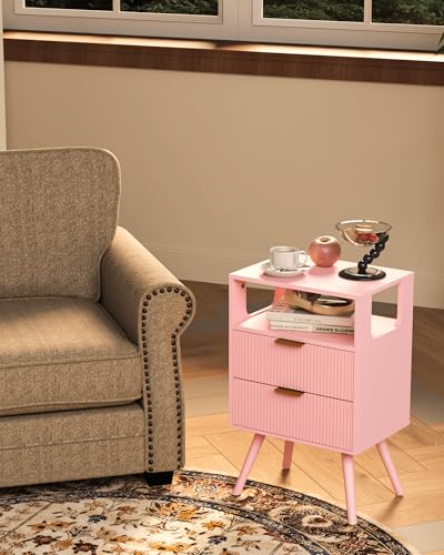Leomonio Pink Nightstand,Modern Bedside Table with 2 Storage Drawer and Open Wood Shelf, for Bedroom and Small Spaces,Night Stand with Solid Wood Legs - color: Pink
