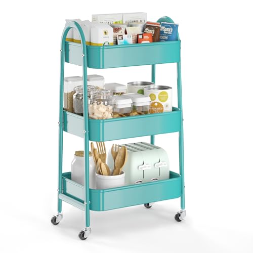 3 Tier Utility Rolling Cart, Metal Storage Cart with Handle and Lockable Wheels, Multifunctional Storage Organizer Trolley with Mesh Baskets for Kitchen, Living Room, Office, Garage (Turquoise) - color: Turquoise, size: Normal