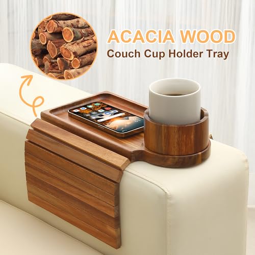 Couch Cup Holder Tray,Acacia Wood Couch Arm Table with Phone Holder, Large Foldable Sofa Arm Tray for Drink Snacks Table - color: Acacia Wood