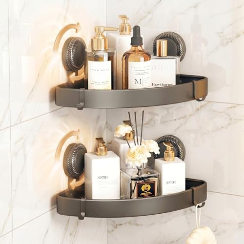 2 Pack Corner Shower Caddy Suction Cup, Space Aluminum No Drill Bathroom Organizer Shelves, Rustproof Triangle Corner Shower Shelf for Inside Shower, Damage-Free Removable Shampoo Holder