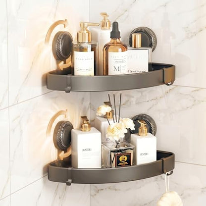 2 Pack Corner Shower Caddy Suction Cup, Space Aluminum No Drill Bathroom Organizer Shelves, Rustproof Triangle Corner Shower Shelf for Inside Shower, Damage-Free Removable Shampoo Holder