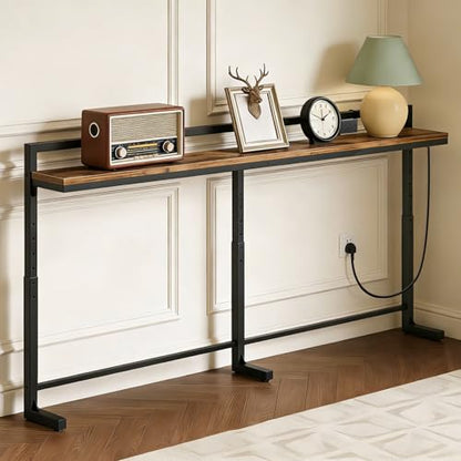 78.7'' Narrow Console Table with Adjustable Height (27.6''-35.4''), Behind Couch Table Skinny with Outlet, Long Entryway Table, Couch Table Behind Sofa for Living Room, Rustic Brown CT22UBR - color: Rustic Brown + Black, size: 78.7"L x 6.7"W x 27.6"H - 35